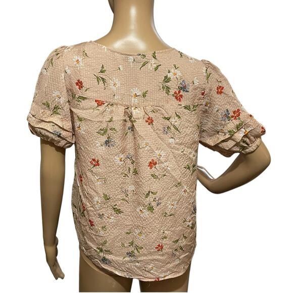 Madewell Women's Blush Pink Floral V-Neck Silk Blouse S Puff Sleeves-Cottagecore - Picture 5 of 13
